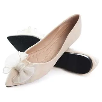 SAILING LU Bow-Knot Ballet Flats Womens Pointy Toe Flat Shoes Suede Dress Shoes Wear to Work Slip On Moccasins Apricot Size 9