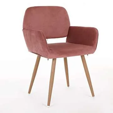 Homfii Pink Vanity Chair with Wood-Like Metal Legs,Cute Velvet Desk Chair Without Wheels,Pink Makeup Vanity Chair,Arm Chair for Bedroom,Living Room Accent Chair