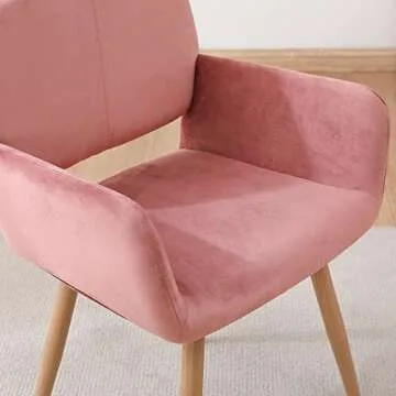 Homfii Pink Vanity Chair with Wood-Like Metal Legs,Cute Velvet Desk Chair Without Wheels,Pink Makeup Vanity Chair,Arm Chair for Bedroom,Living Room Accent Chair