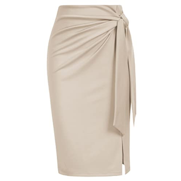 Kate Kasin Women's Elegant High Waist Bow Tie Pencil Skirt with Slit - Apricot, Medium