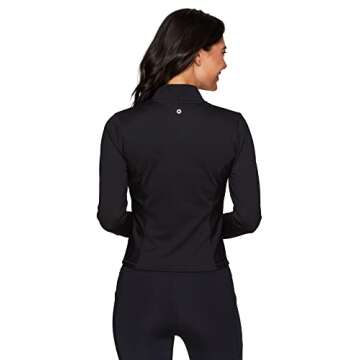 RBX Active Women's Rib Mock Neck Zip Up Jacket, Everyday Workout Cropped Length Fitted Ribbed Running Jacket With Mock Neck Ribbed Black L
