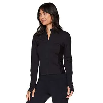 RBX Active Women's Rib Mock Neck Zip Up Jacket, Everyday Workout Cropped Length Fitted Ribbed Running Jacket With Mock Neck Ribbed Black L