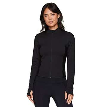 RBX Active Women's Rib Mock Neck Zip Up Jacket, Everyday Workout Cropped Length Fitted Ribbed Running Jacket With Mock Neck Ribbed Black L