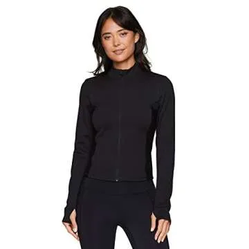 RBX Active Women's Rib Mock Neck Zip Up Jacket, Everyday Workout Cropped Length Fitted Ribbed Running Jacket With Mock Neck Ribbed Black L