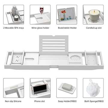 Zhuoyue Bamboo Bathtub Tray, Expandable Premium Bath Tray for Luxury Bathroom, Adjustable Bath Accessories for Tub with Soap Towel Book Holder, Extendable 29.5-43.3" White