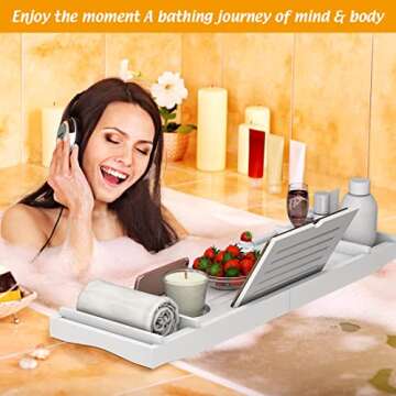 Zhuoyue Bamboo Bathtub Tray, Expandable Premium Bath Tray for Luxury Bathroom, Adjustable Bath Accessories for Tub with Soap Towel Book Holder, Extendable 29.5-43.3" White