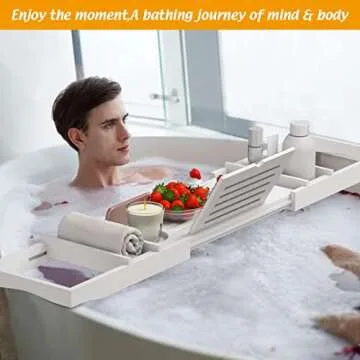 Zhuoyue Bamboo Bathtub Tray, Expandable Premium Bath Tray for Luxury Bathroom, Adjustable Bath Accessories for Tub with Soap Towel Book Holder, Extendable 29.5-43.3" White