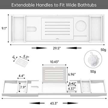 Zhuoyue Bamboo Bathtub Tray, Expandable Premium Bath Tray for Luxury Bathroom, Adjustable Bath Accessories for Tub with Soap Towel Book Holder, Extendable 29.5-43.3" White