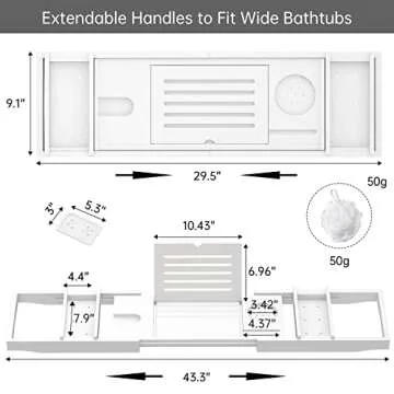 Zhuoyue Bamboo Bathtub Tray, Expandable Premium Bath Tray for Luxury Bathroom, Adjustable Bath Accessories for Tub with Soap Towel Book Holder, Extendable 29.5-43.3" White
