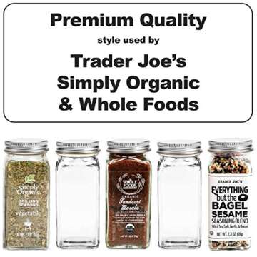 SpiceLuxe Premium Spice Jar Set -12 Square Glass 4 oz Spice Bottles, 72 Deluxe Labels, 12 Shaker Tops, Quality Silver Steel Caps and No Clog Wide Spice Funnel