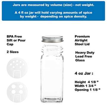 SpiceLuxe Premium Spice Jar Set -12 Square Glass 4 oz Spice Bottles, 72 Deluxe Labels, 12 Shaker Tops, Quality Silver Steel Caps and No Clog Wide Spice Funnel