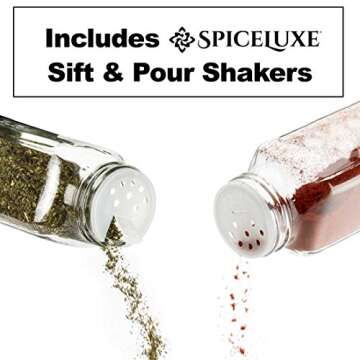 SpiceLuxe Premium Spice Jar Set -12 Square Glass 4 oz Spice Bottles, 72 Deluxe Labels, 12 Shaker Tops, Quality Silver Steel Caps and No Clog Wide Spice Funnel