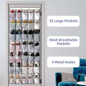 SAVERHO 35 Pockets Over the Door Shoe Organizer, Hanging Shoe Organizer for Door with 35 Mesh Pockets Large Capacity Shoe Hanging Storage Bag with 4 Metal Hooks (White-1Pack)