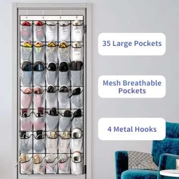 SAVERHO 35 Pockets Over the Door Shoe Organizer, Hanging Shoe Organizer for Door with 35 Mesh Pockets Large Capacity Shoe Hanging Storage Bag with 4 Metal Hooks (White-1Pack)