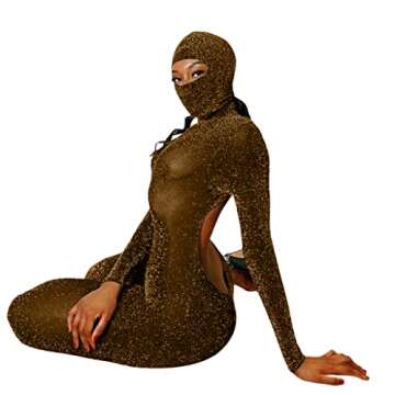 NIFTRIRY One Piece Jumpsuit Long Sleeve Jumpsuit For Women Black Bodysuit Women Jumpsuit Back Hollow With Mask