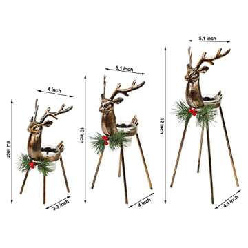 Juegoal Set of 3 Reindeer Tealight Candle Holders, Standing Iron Metal Christmas Decorations, Glass ...