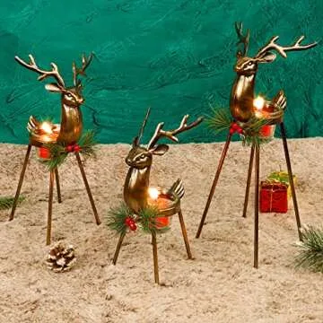 Juegoal Set of 3 Reindeer Tealight Candle Holders, Standing Iron Metal Christmas Decorations, Glass Votive Candle Holder, Durable and Rust-Proof Holiday Tabletop Centerpiece and Display