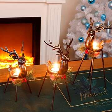 Juegoal Set of 3 Reindeer Tealight Candle Holders, Standing Iron Metal Christmas Decorations, Glass Votive Candle Holder, Durable and Rust-Proof Holiday Tabletop Centerpiece and Display