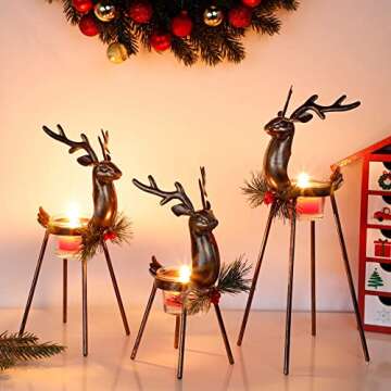 Juegoal Set of 3 Reindeer Tealight Candle Holders, Standing Iron Metal Christmas Decorations, Glass Votive Candle Holder, Durable and Rust-Proof Holiday Tabletop Centerpiece and Display