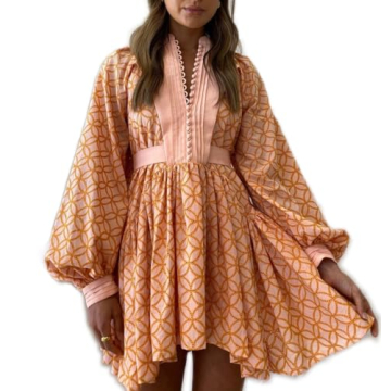 tiptupu Women's Bohemian Floral Print Button Down Long Lantern Sleeve Shift Tunic Dress Casual Ruffl...