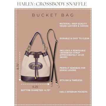 Brown Western Horse Bit drawstring crossbody sling bucket bag for women. Preppy & vintage horse lover small top-handle purse. Boho country style, vegan leather, easy-to-clean, water-resistant