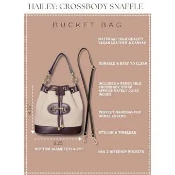 Brown Western Horse Bit drawstring crossbody sling bucket bag for women. Preppy & vintage horse lover small top-handle purse. Boho country style, vegan leather, easy-to-clean, water-resistant