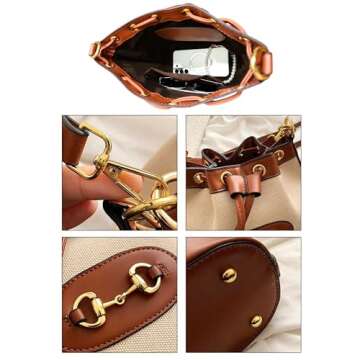 Brown Western Horse Bit drawstring crossbody sling bucket bag for women. Preppy & vintage horse lover small top-handle purse. Boho country style, vegan leather, easy-to-clean, water-resistant