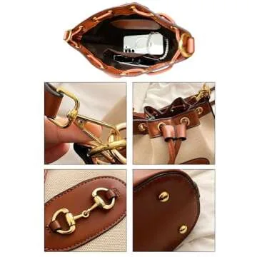 Brown Western Horse Bit drawstring crossbody sling bucket bag for women. Preppy & vintage horse lover small top-handle purse. Boho country style, vegan leather, easy-to-clean, water-resistant