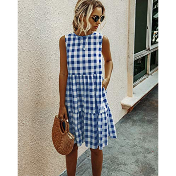 ECOWISH Women Dresses Plaid Sleeveless Summer Casual Sundress A Line Loose Swing T Shirt Mini Gingham Dress Navy Blue Small