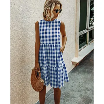 ECOWISH Women Dresses Plaid Sleeveless Summer Casual Sundress A Line Loose Swing T Shirt Mini Gingham Dress Navy Blue Small