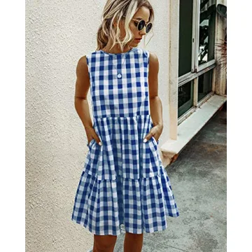 ECOWISH Women Dresses Plaid Sleeveless Summer Casual Sundress A Line Loose Swing T Shirt Mini Gingham Dress Navy Blue Small