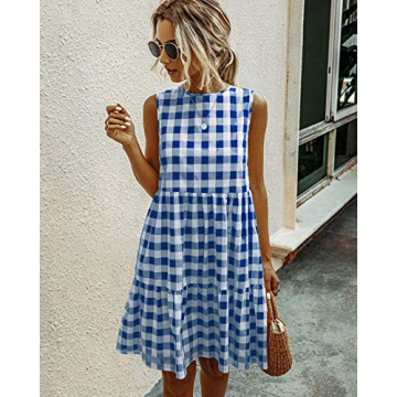 ECOWISH Women Dresses Plaid Sleeveless Summer Casual Sundress A Line Loose Swing T Shirt Mini Gingham Dress Navy Blue Small