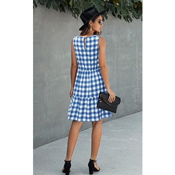 ECOWISH Women Dresses Plaid Sleeveless Summer Casual Sundress A Line Loose Swing T Shirt Mini Gingham Dress Navy Blue Small