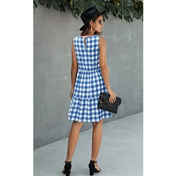 ECOWISH Women Dresses Plaid Sleeveless Summer Casual Sundress A Line Loose Swing T Shirt Mini Gingham Dress Navy Blue Small