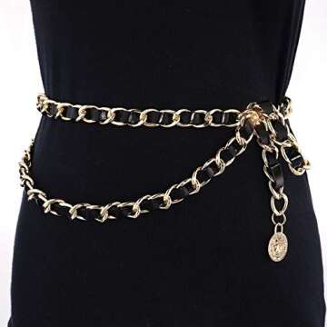Glamorstar Leather Chain Belts Layered Metal Waist Belt for Women Ladies Dresses Gold Plus Size 130CM/51.2IN