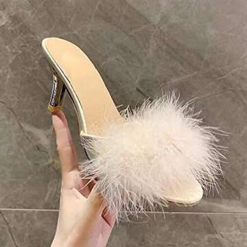COVOYYAR Women's Feather Thin High Heels Peep Toe Fur Slippers Mules Lady Pumps Slides (8, Beige)