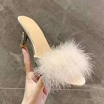 COVOYYAR Women's Feather Thin High Heels Peep Toe Fur Slippers Mules Lady Pumps Slides (8, Beige)