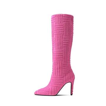 keleimusi Women Terry Towelling Knee High Boots Stiletto Pointed Toe High Heeled Shoes Fuchsia