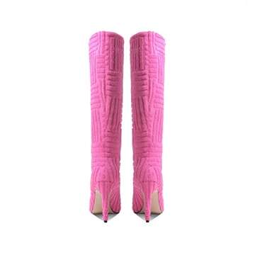 keleimusi Women Terry Towelling Knee High Boots Stiletto Pointed Toe High Heeled Shoes Fuchsia