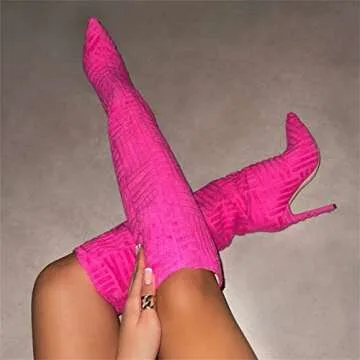 keleimusi Women Terry Towelling Knee High Boots Stiletto Pointed Toe High Heeled Shoes Fuchsia