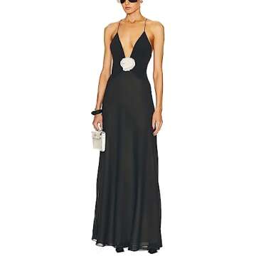 Women Spaghetti Strap Deep V Neck Backless 3D Flower Dec Slim Fit Plain Long Maxi Cocktail Party Dress (Black, S)