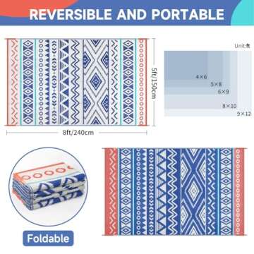 Outdoor Rugs Patio Camping Waterproof - 5x8 Plastic Straw Patio Rug Portable for Campers, Outside RV...