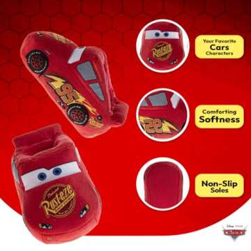 Disney Pixar Cars Slippers Kids Boys PJ House Sandals - Lightning McQueen Pajama Warm Slipper Shoe - Red 3D Car Plush (size 5-6 Toddler)