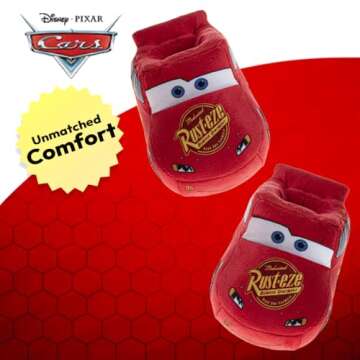 Disney Pixar Cars Slippers Kids Boys PJ House Sandals - Lightning McQueen Pajama Warm Slipper Shoe - Red 3D Car Plush (size 5-6 Toddler)