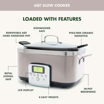 GreenPan Elite 8-in-1 Programmable 6QT Electric Slow Cooker, Dishwasher Safe Lid & Removable Crock, PFAS-Free Healthy Ceramic Nonstick Multi-Cooker, Sear, Sauté, Brown, Steam Basket, Roast, Clay