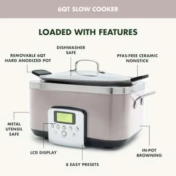 GreenPan Elite 8-in-1 Programmable 6QT Electric Slow Cooker, Dishwasher Safe Lid & Removable Crock, PFAS-Free Healthy Ceramic Nonstick Multi-Cooker, Sear, Sauté, Brown, Steam Basket, Roast, Clay