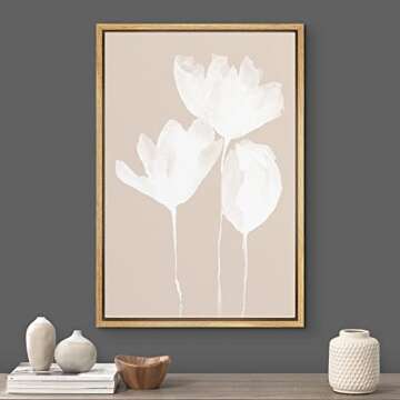 Zenobia Framed Canvas Print Wall Art Tan White Forest Flower Silhouette Abstract Nature Illustrations Minimalism Rustic Chic Relax/Calm Multicolor for Living Room, Bedroom, Office - 16"x24" Natural