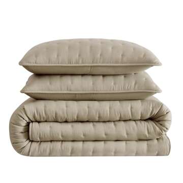 WDCOZY Beige Cloud California Cal King Size Quilt Bedding Sets with Pillow Shams, Oversized Tan Lightweight Bedspread Coverlet, Taupe Camel Soft Cute Bed Cover for All Season