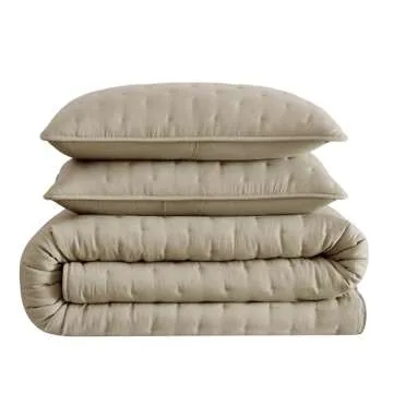 WDCOZY Beige Cloud California Cal King Size Quilt Bedding Sets with Pillow Shams, Oversized Tan Lightweight Bedspread Coverlet, Taupe Camel Soft Cute Bed Cover for All Season