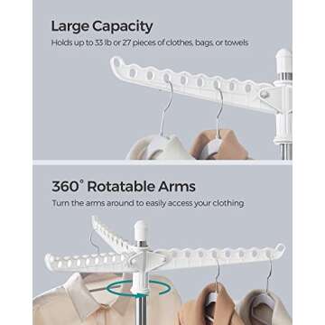 SONGMICS Clothes Drying Rack, 59-Inch Folding Laundry Drying Rack with 3 Rotatable Arms for Hangers, 4 Legs, Stainless Steel, for 27 Pieces of Clothes, White and Silver ULLR510W01